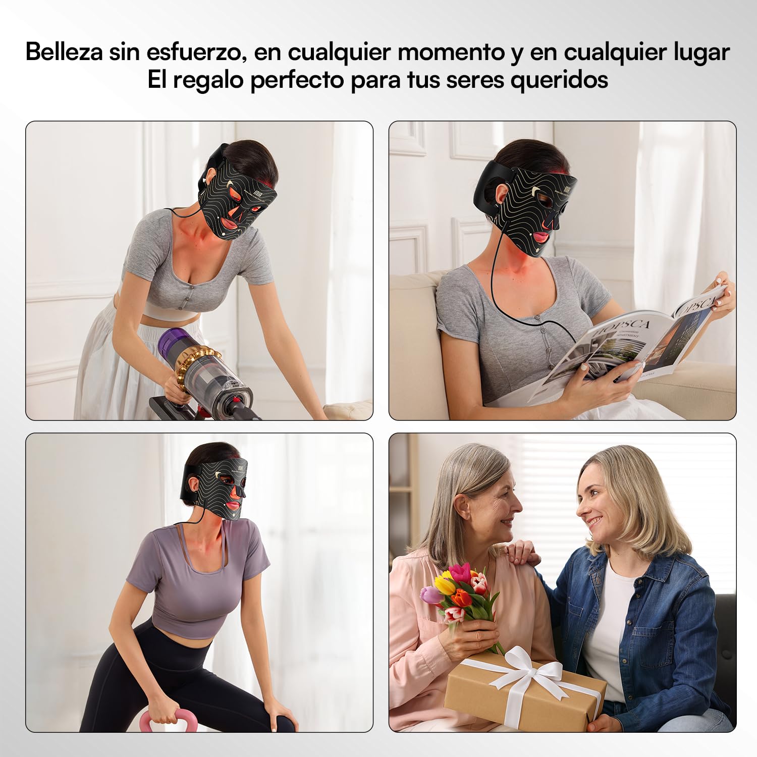 Máscara facial LED INIA: máscara de terapia de luz roja con 4 modos de luz, 850 nm NIR, terapia de LED roja y azul, 220 cuentas, máscara infrarroja recargable Longitud de onda