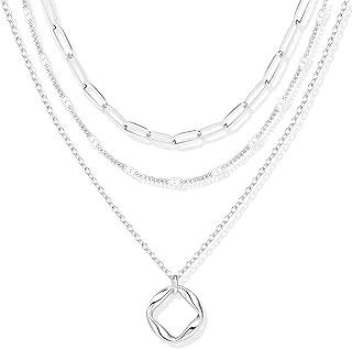 Layered Gold Necklaces for Women,Stackable Dainty 14K Gold Silver Plated Trendy Circle Paperclip Chain Pendant Choker Necklace,Simpl Diamond Cross Bow Jewelry Set Gifts for Women