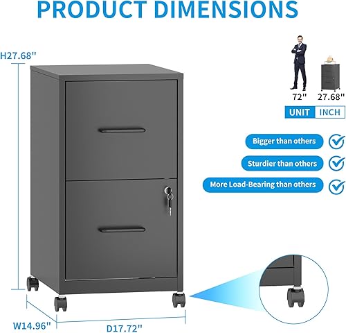 Vista 9 de Archivador de 5 cajones con cerradura, archivadores de metal sobre ruedas, cajones verticales de acero para oficina, almacenamiento para colgar