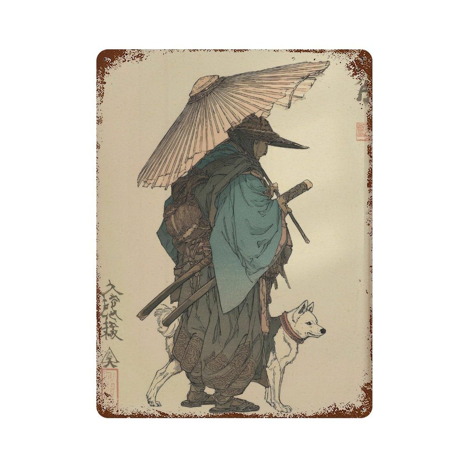 xiaoxiaoshen Japanese Samurai With Dog. Ukiyo Wall Decor Art Metal Tin Poster Modern Home Decor Art Home Bar Shop Decorations Vintage Sign 40x30cm