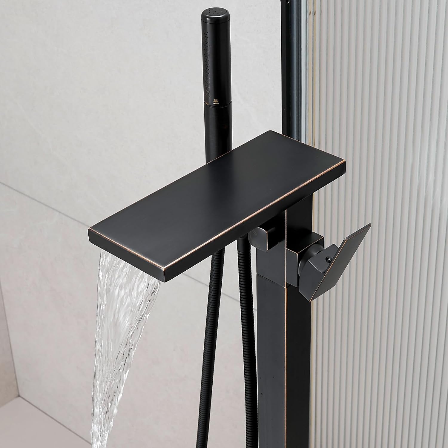 Hoimpro Tub Filler Freestanding Bathtub Faucet Oil Rubber Bronzed Floor Mount Tub Faucet Waterfall Free Standing Bathtub Filler High Flow Brass Bath Shower Faucets with Handheld Sprayer image 3