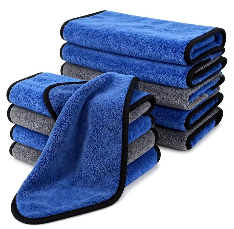 Fiuyorl Kit com 10 Toalhas de Microfibra para Carro, Dupla Face, Coral Velvet, Azul e Cinza, 30,0 x 39,9 cm