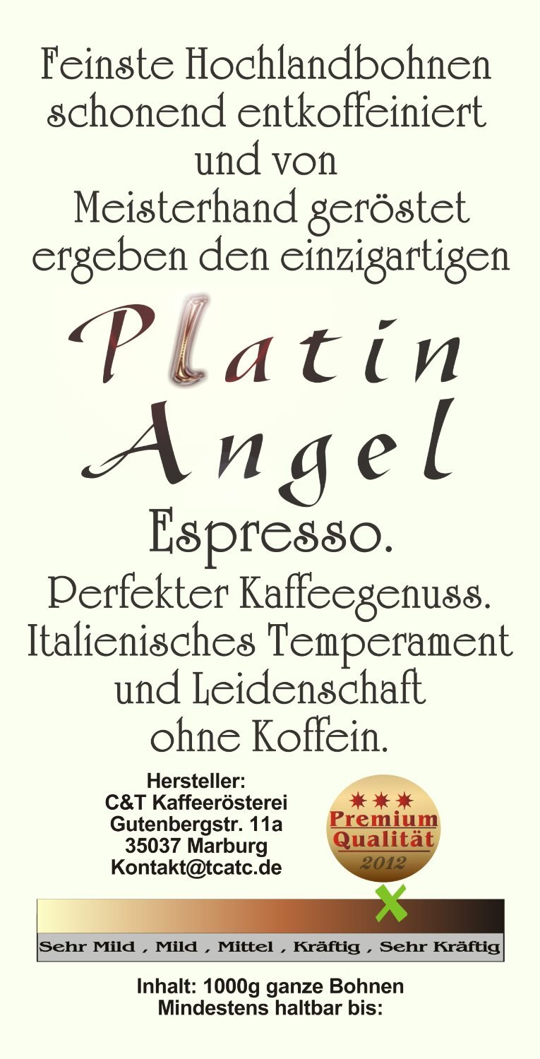 Espresso/café - granos de café descafeinado "Platin Angel" (4 x 1000 g, Molido)