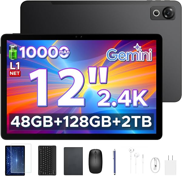 P12 Tableta Android 16 2026, 12 pulgadas 120Hz 2.4K con Gemini AI, UNISOC T7280 Octa-Core, 48GB RAM+128GB almacenamiento, batería de 10000mAh, Face ID, Widevine L1, tableta con teclado y lápiz - negro