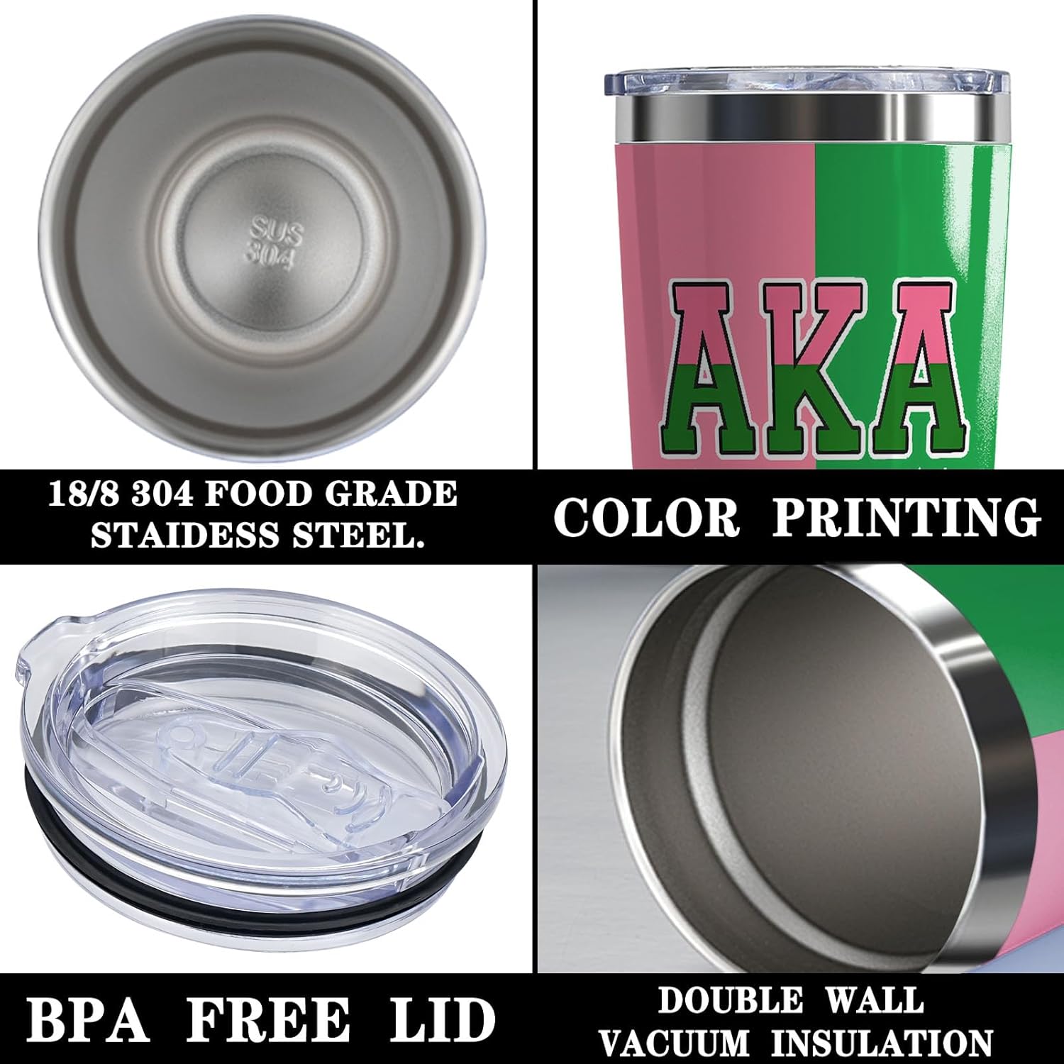 AKA Sorority Gifts for Women, AKA Paraphernalia Tumbler 20 oz, 1908 Pink Green Idea Gifts for Women Girl Sisters, Stainless Steel Insulated Tumbler with Straw and Lid (aka pink+green) - Image 3