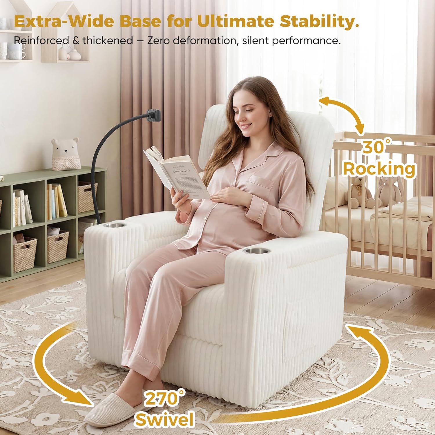 HUSFU Power Recliner Chair Swivel Glider,Nursery Rocking Chairs w/USB Charging Port and Phone Holder,Swivel Rocker Glider Recliner for Nursery,Bedroom,Living Room,Cream,1PC