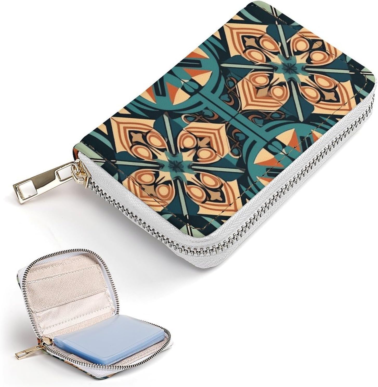 Leather Card Organizer Case Card Wallet Credit Card Holder Dark Orange Grid Printed Zipper Card Cases Holder for Women Men