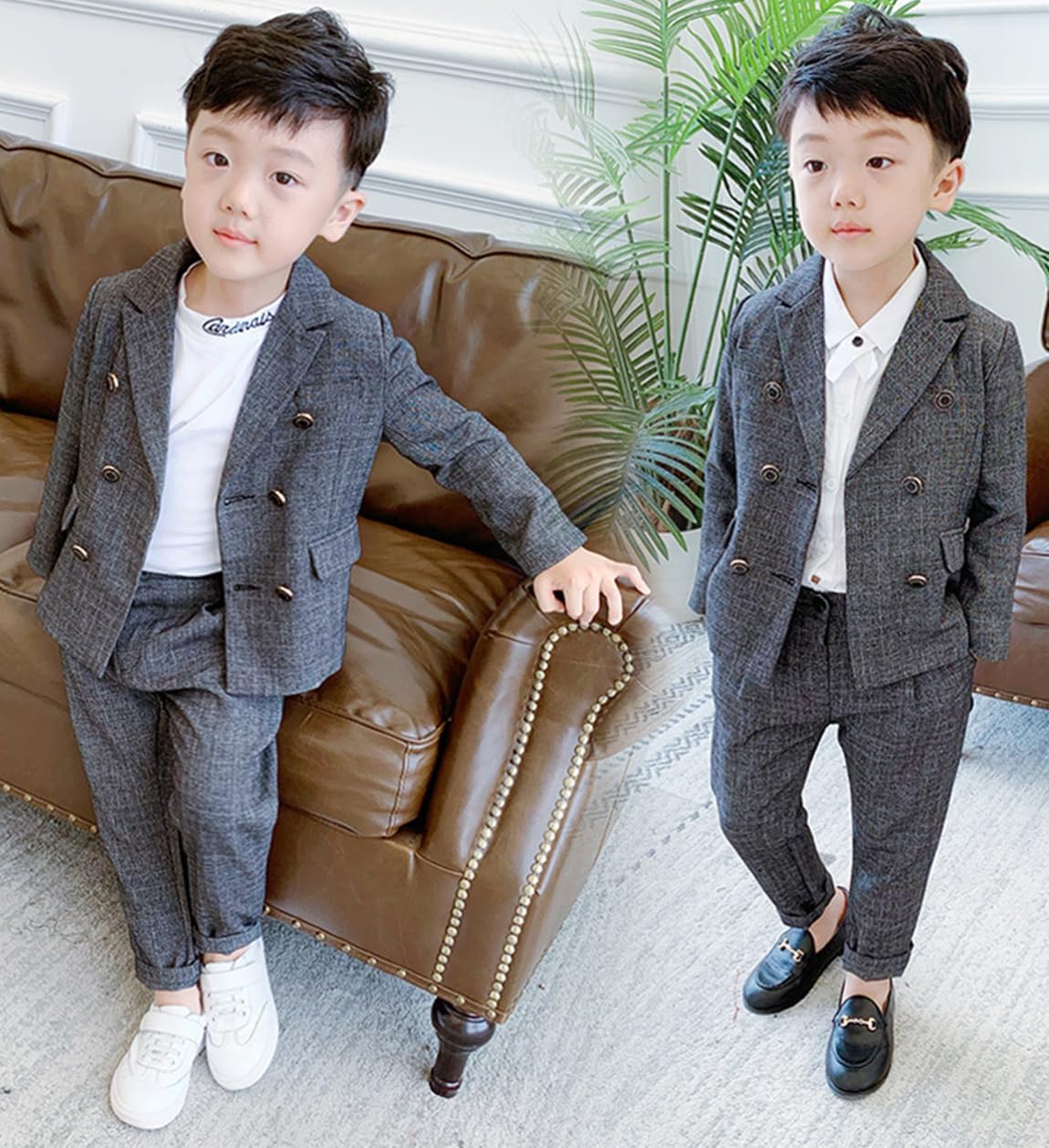 Kromoc Boys' Houndstooth Suit Double Breasted Buttons Jacket Pants 2-Piece for Fromal Prom