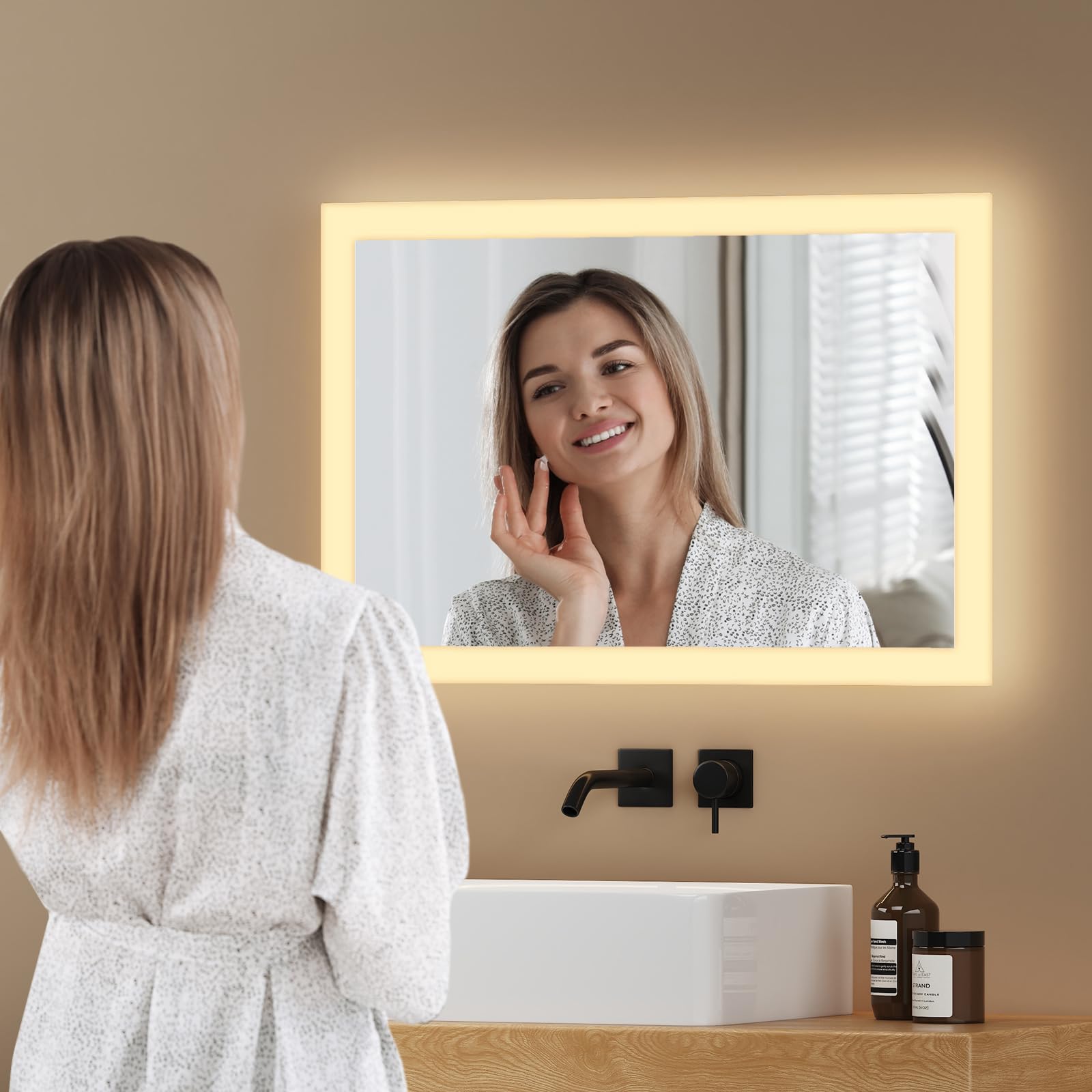 EMKE Espejo Baño con Luz Led 40x60 cm, 3000K Blanco cálido | Espejo de baño LED , Interruptor de Pared, Instalación Vertical/Horizontal, Espejo Anti-explosión IP44, LED Espejo