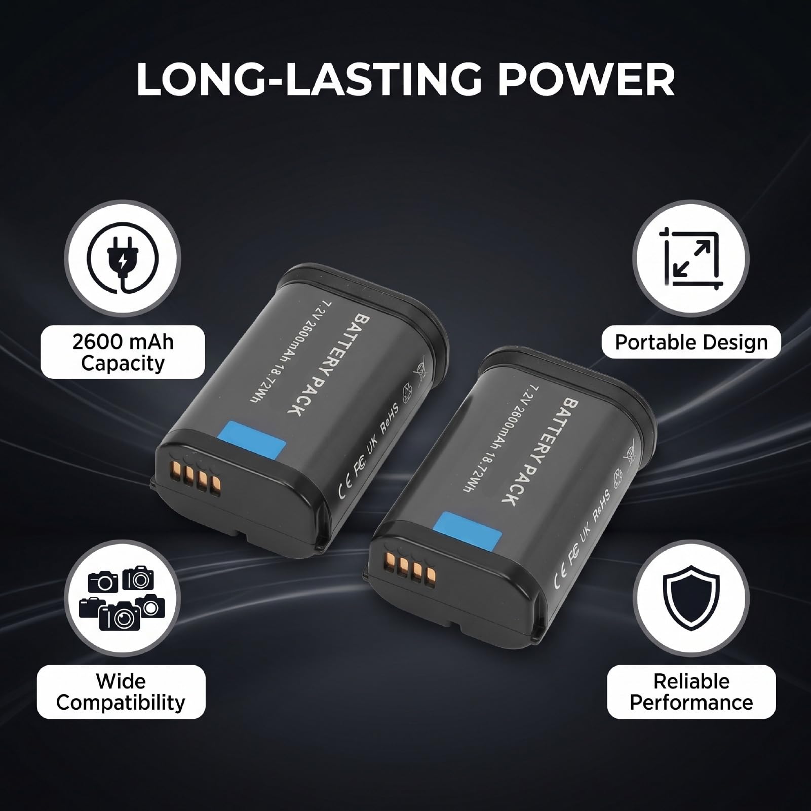 Zunate Cargador de Batería para Cámara, Paquete de 2 Baterías Recargables de 2600 MAh, Repuesto de Accesorios para Cámara de Energía de Reserva para Q2 Q3 Q3 43 SL2 SL2 S SL3 SL3 S