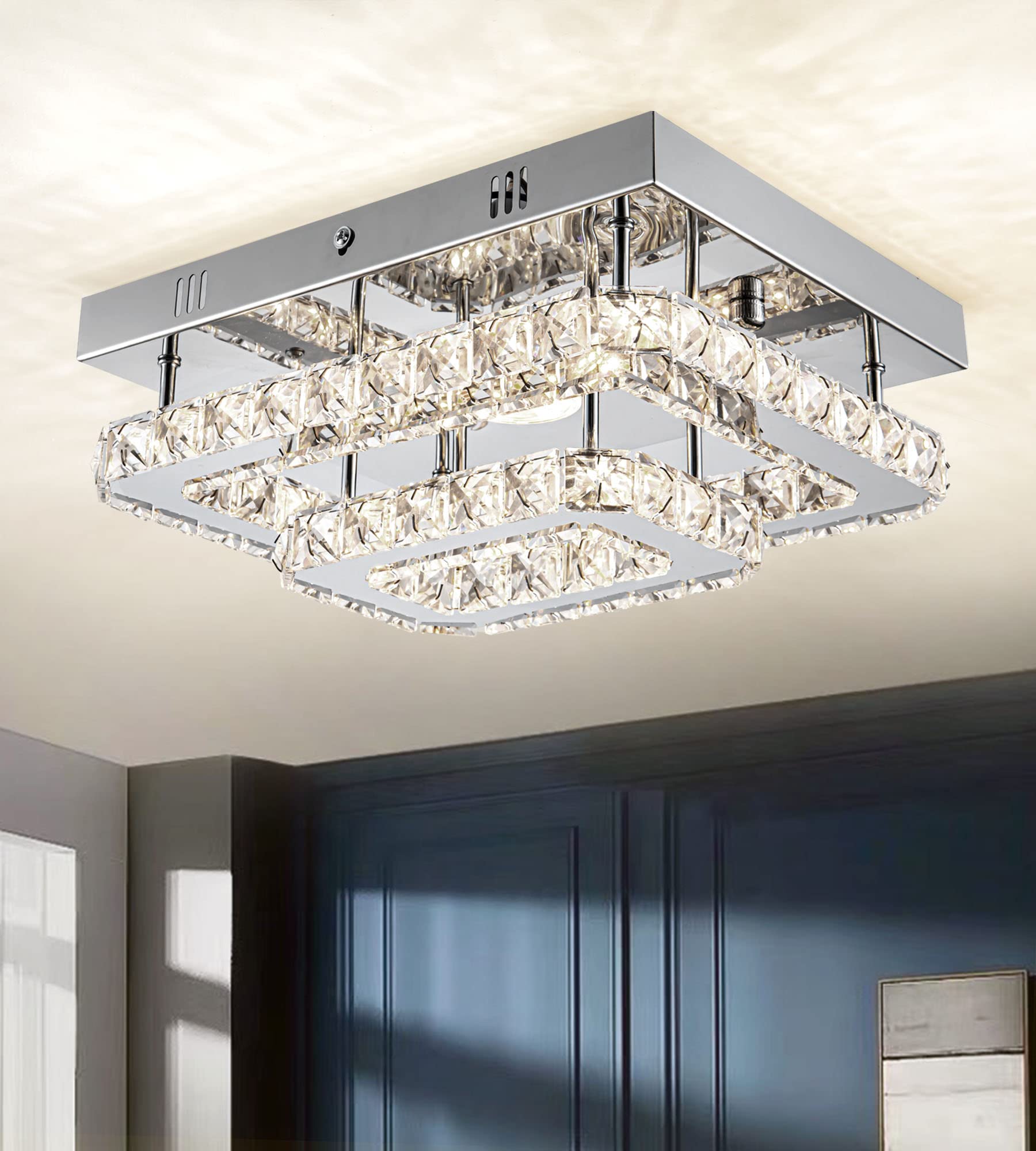 DSLITING Crystal Flush Mount Chandelier Hallway Ceiling Light Fixture Modern LED Crystal Chandelier Rectangle Stainless Steel Chandeliers for Bedroom Closet Stairway,Chrome,Changeable Light