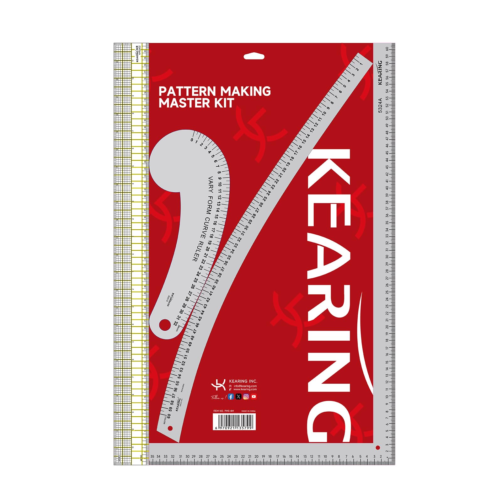 Kearing Grey Metric Fashion Designer's Ruler Kit, French Curve Hip Curve L-Square, Light Aviation Aluminum, 60Cm Quilting Tool
