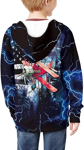 Renewold Girls and Boys Zip-Up Hoodie Sweatshirt Kids Zip Hoodie Hooded Sweatshirts Clothing(American Flag Plane,11-13 Years)