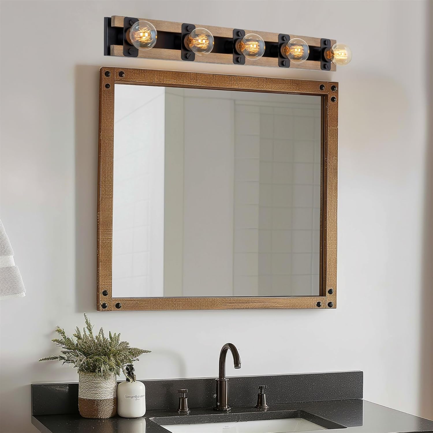 Kira Home Hogan 36" 5-Light Farmhouse Vanity/Bathroom Light Bar, Racetrack Bath Vanity, Open Design, Black + Smoked Birch Finish