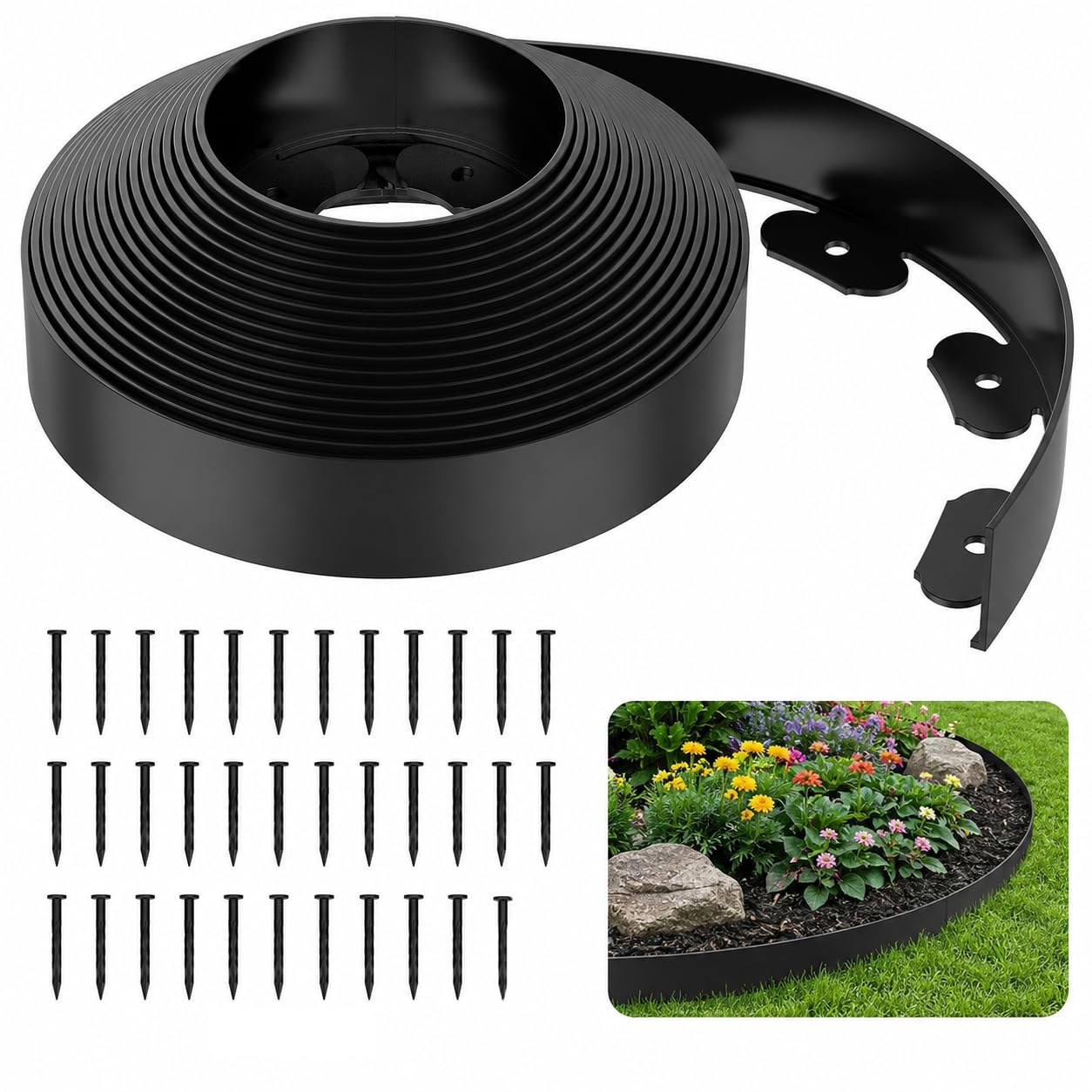 Rasenkante 10 m aus Kunststoff – Flexible Beeteinfassung & Gartenkante mit 35 Erdspießen, 5 cm hoch, schwarz – Für Beetumrandung, Mähkante, Rasenkante & Beetabgrenzung – Ohne Graben