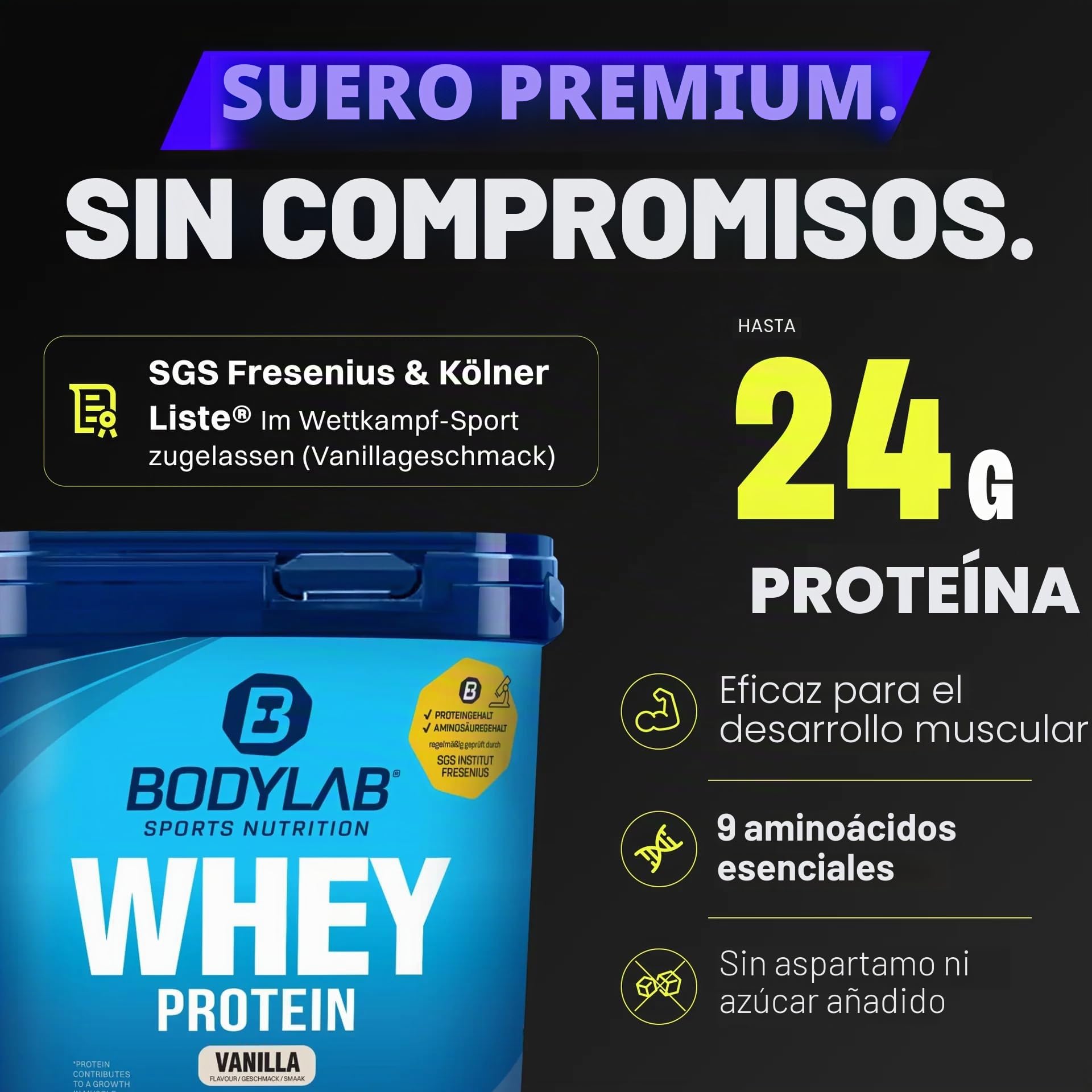 Bodylab24 Whey Protein Powder Vainilla 2kg, polvo rico en proteína para músculos más fuertes, la proteína de suero puede promover la construcción de músculo, con 80% de proteína, sin aspartamo
