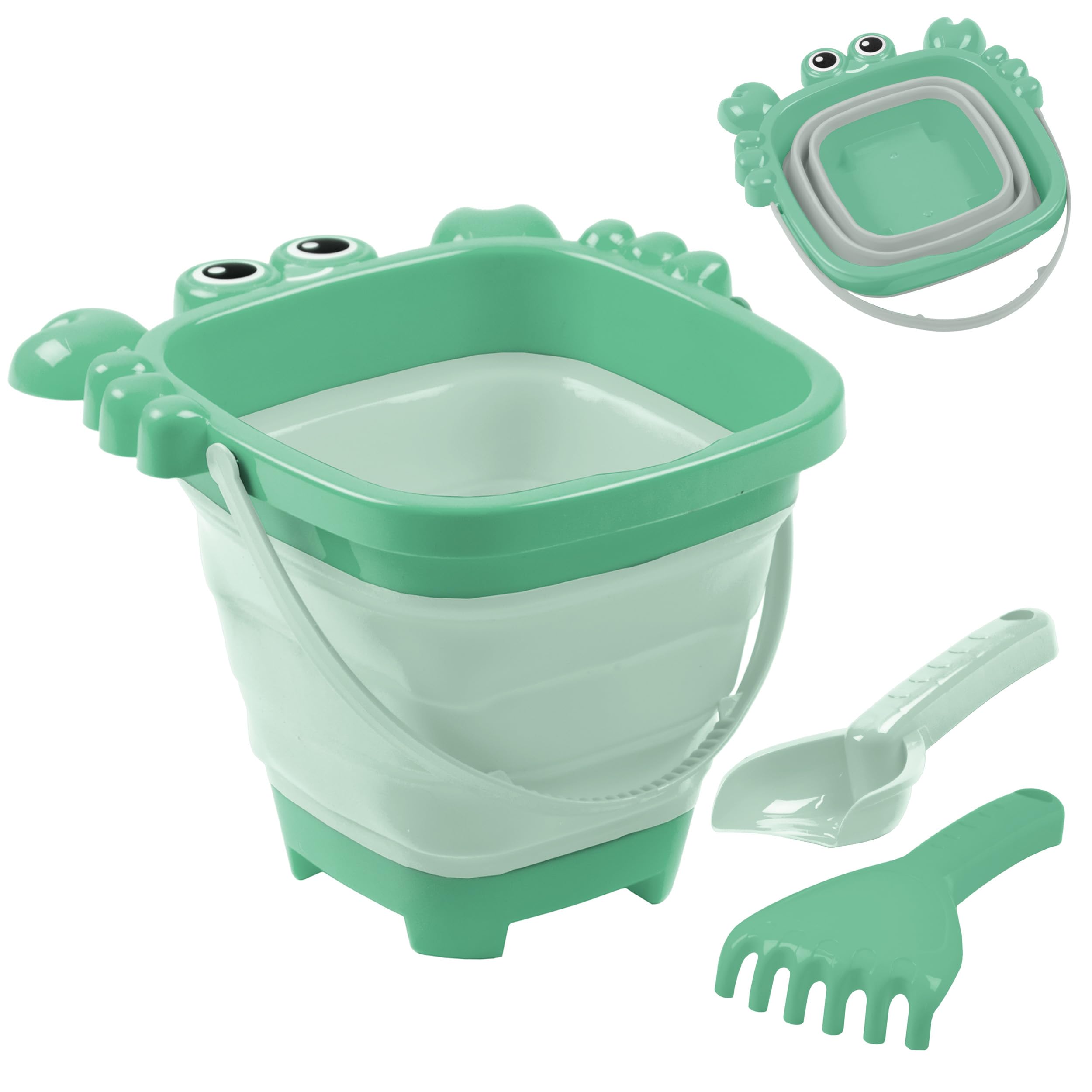 Activo Collapsible Beach Bucket for Kids Fold Flat Sand Toy Set with Crab Sandcastle Mould Lightweight Carry Handle for Beach Garden Water Play