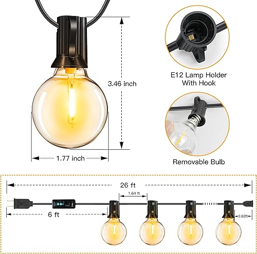 Miniatura 5 de Ccinny Tira de luces LED G40 de 26 pies para exteriores, impermeable, con atardecer a amanecer, luces de patio regulables para exteriores con