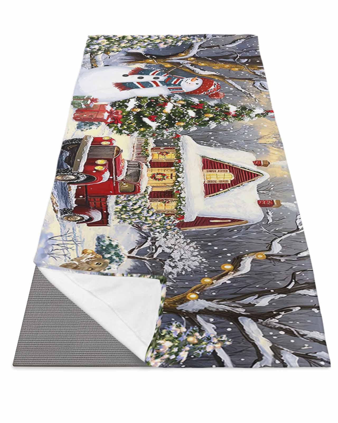 BOSIJOY Yoga Mat Towel,Winter Christmas Snowman Red Truck Non Slip Sweat Absorbent Hot Yoga Towels with Corner Pockets,Xmas Tree Farmhouse Snowy Soft Microfiber Towel for Pilates Bikram 70
