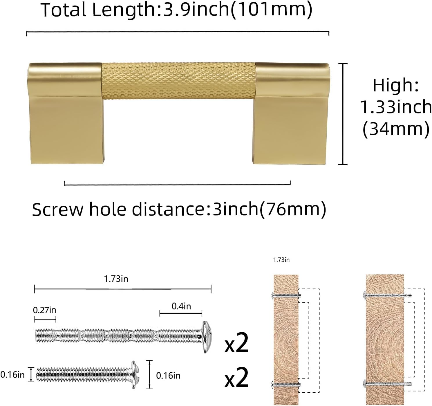 COTYKILEY 10 Pack 3 Inch(76mm) Brushed Brass Cabinet Handles Gold Knurled Kitchen Cabinet Pulls Cabinet Door Handles Kitchen Cabinet Hardware