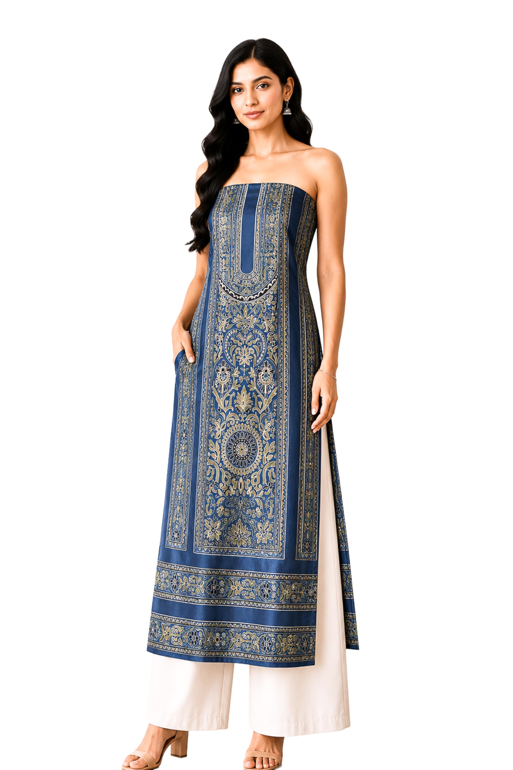 Womens's Ajrakh Mashru Silk Natural Dye Screen Print Hand Printed Unstitched Kurta Fabric-image-20