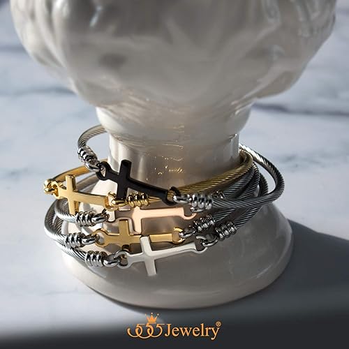 Miniatura 6 de 555Jewelry Pulsera religiosa de acero inoxidable con cierre de cruz para hombres y mujeres