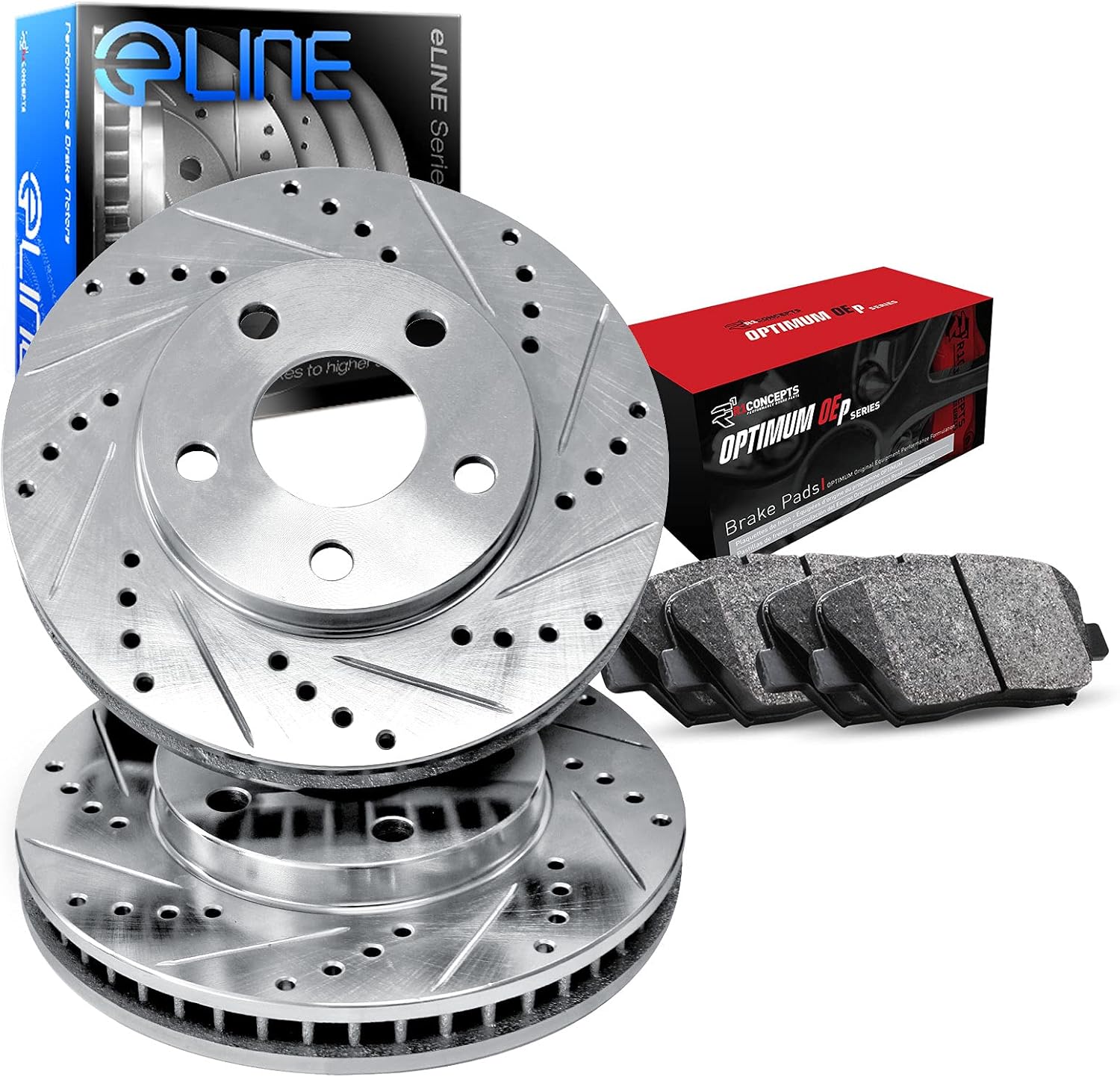 R1 Concepts Front Brake Kit For 2007-2010 Chrysler Sebring, 2007-2012 Dodge Caliber, 2007-2014 Jeep Compass| Drilled Slotted Brake Rotors| Optimum OEP Brake Pads and Rotors Kit