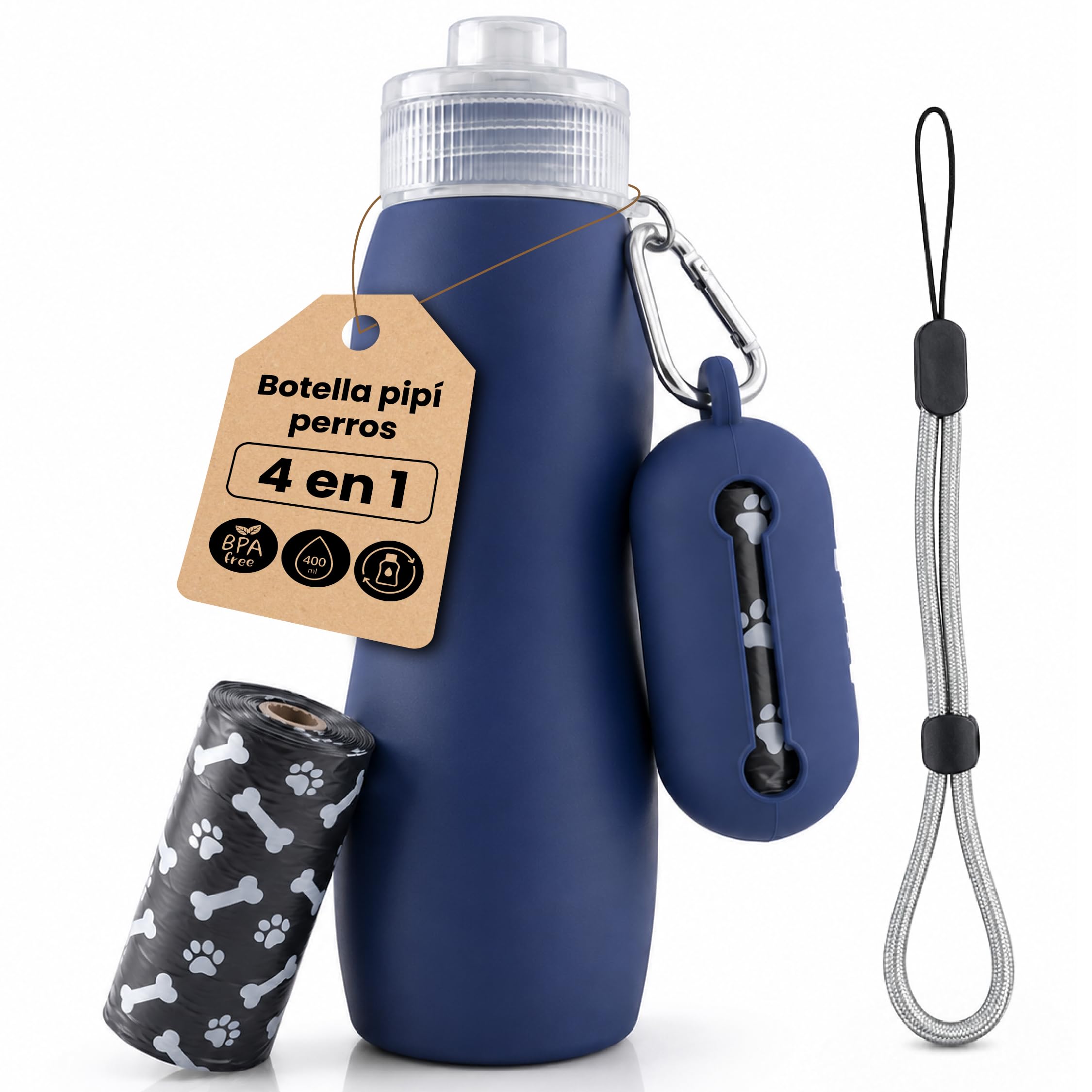 Dog Pee Bottle 400 ml Pack 4 in 1 | Prevents Fines on the Street | BPA Free | Includes Bag Dispenser, Poop Bags and Harness | All the Ride in One Hand