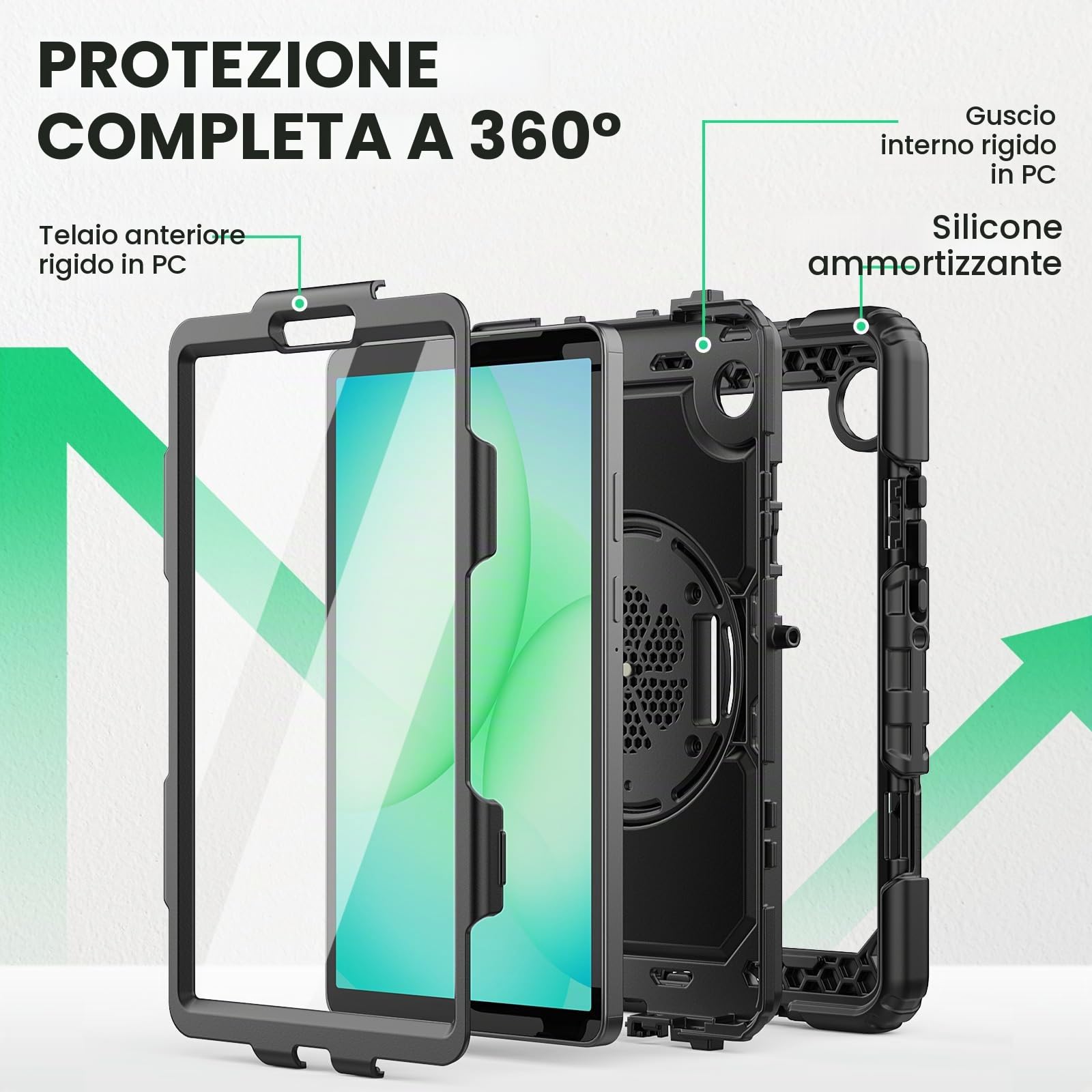 SEYMAC Custodia per Samsung Galaxy Tab A11 8,7" / Tab A9 8,7 Pollici (2025/2023), Custodia Antishock con Protezione Schermo, Supporto Girevole a 360° e Cinturino da Polso, Tracolla, Nero