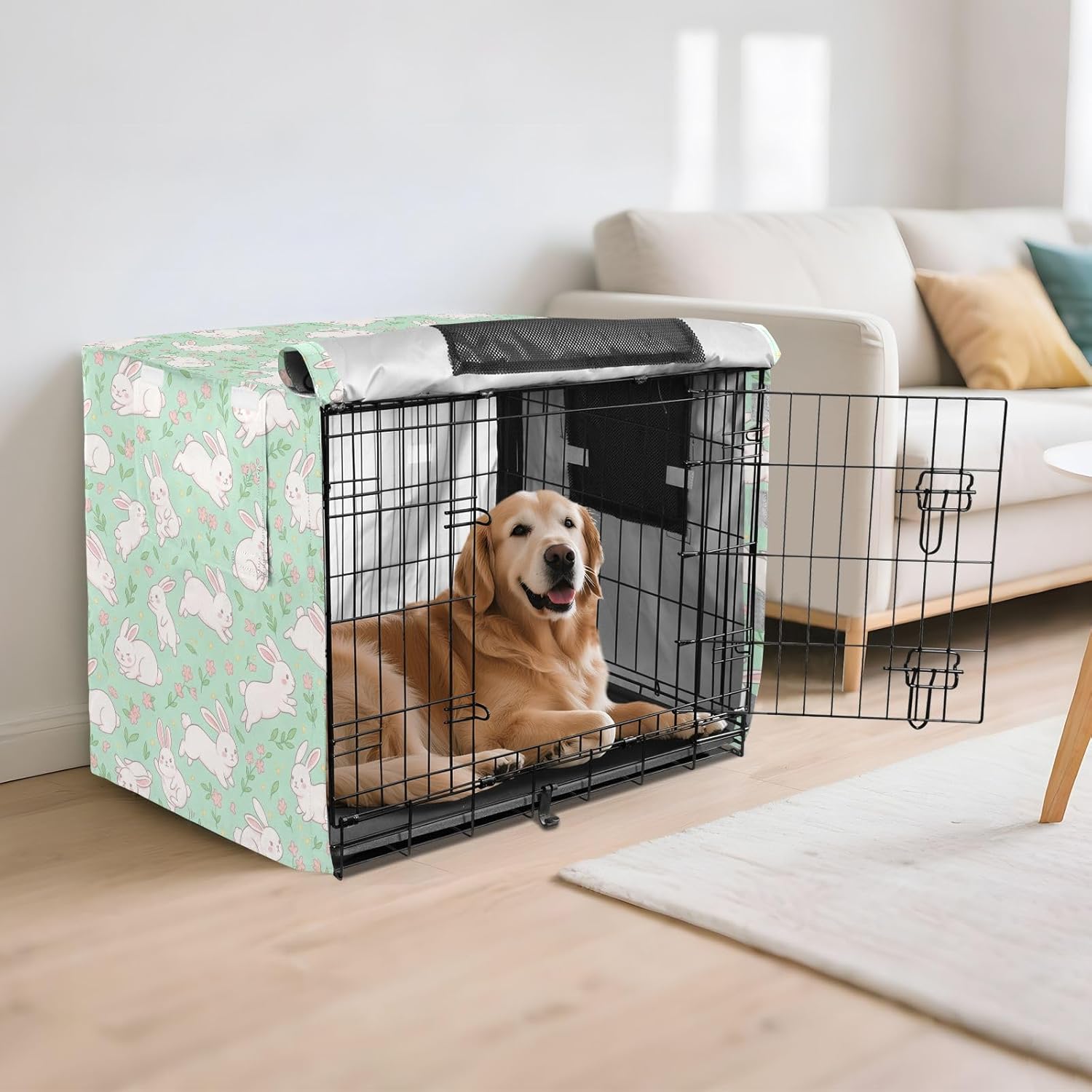 Duty 600D Silver Coated Dog Crate Cover, Water-Resistant Rabbits Print Pet Kennel Canopy with Mesh Windows for Optimal Ventilation, Universal Fit for Standard Wire Cage, Indoor & Travel