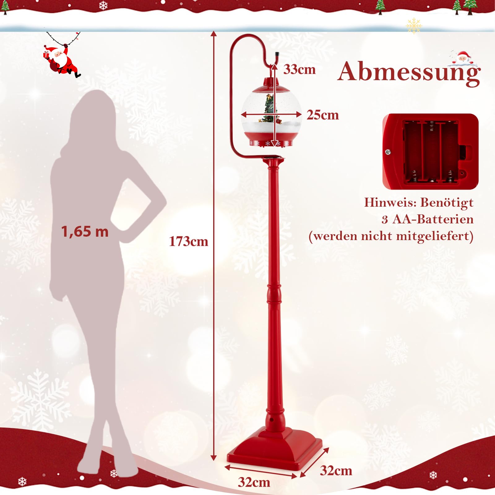 GYMAX 170 cm Weihnachten Wegeleuchte, Weihnachtslaterne mit LED-Licht & Musik, Weihnachtsstraßenlampe mit Schneefunktion, Weihnachtsdeko für Zuhause & Veranda