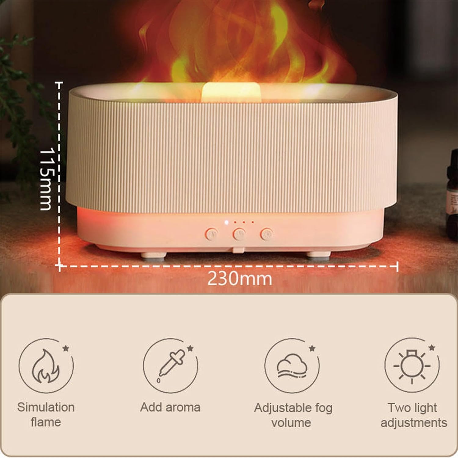 Flame Humidifier Aroma Diffuser Cool Mist Humidifier,Flame Aroma Diffuser,3D Flame Adjustable Fog Volume 2 Types of Light Adjustment Button Operationsuitable for Baby Bedroom Plant Office,Gray