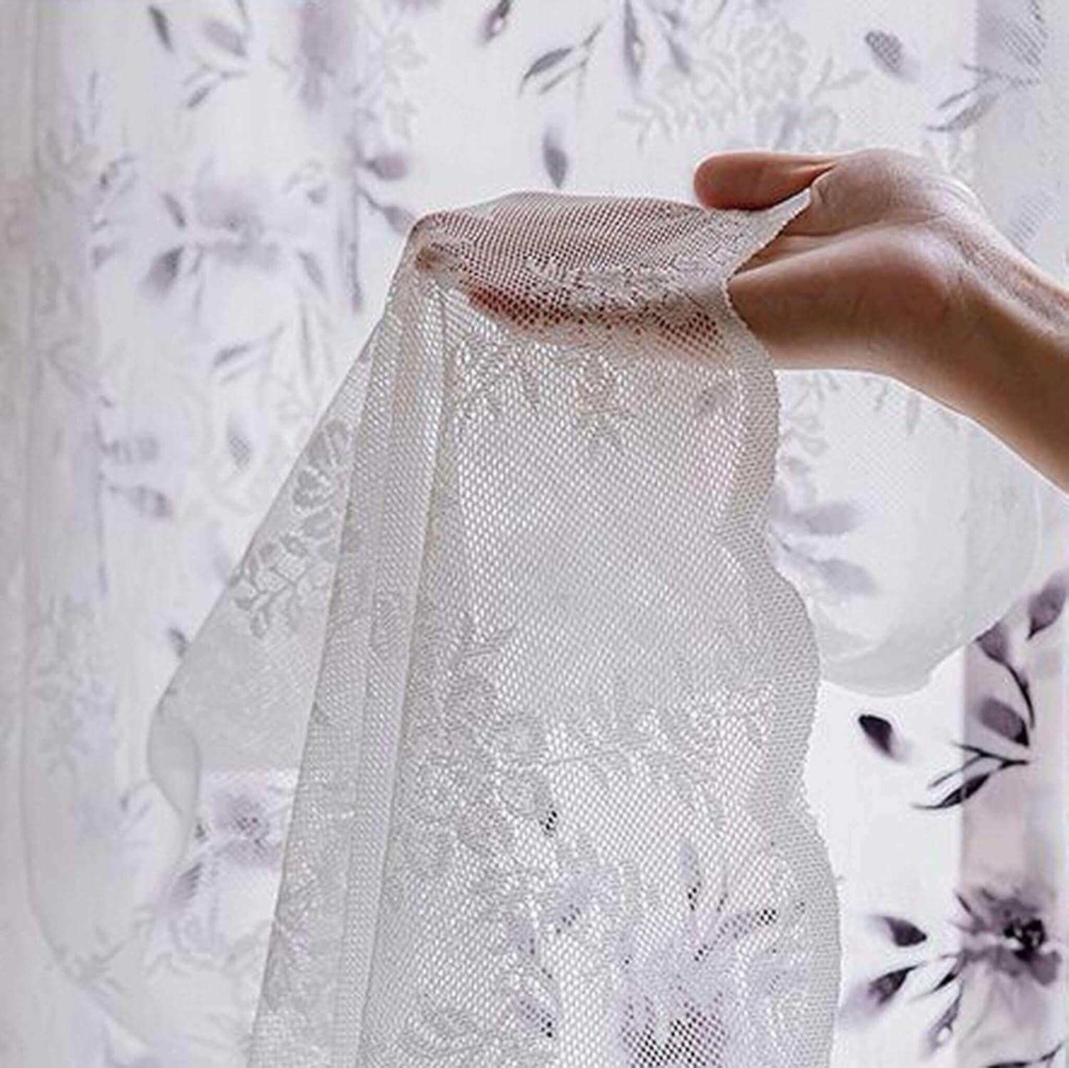 Double Layer Floral Bird Japanese Curtain, Noren Doorway Curtain, Windows Pane, Light Brown Cotton + White Lace (25x39''-63x100cm, 1 Panel)