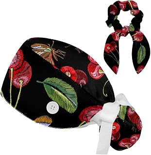FVQL 2 Pieces Surgical Cap for Long Hair Scrub Cap with Hairband Nurse Cap, Cherry and Butterflies Pattern