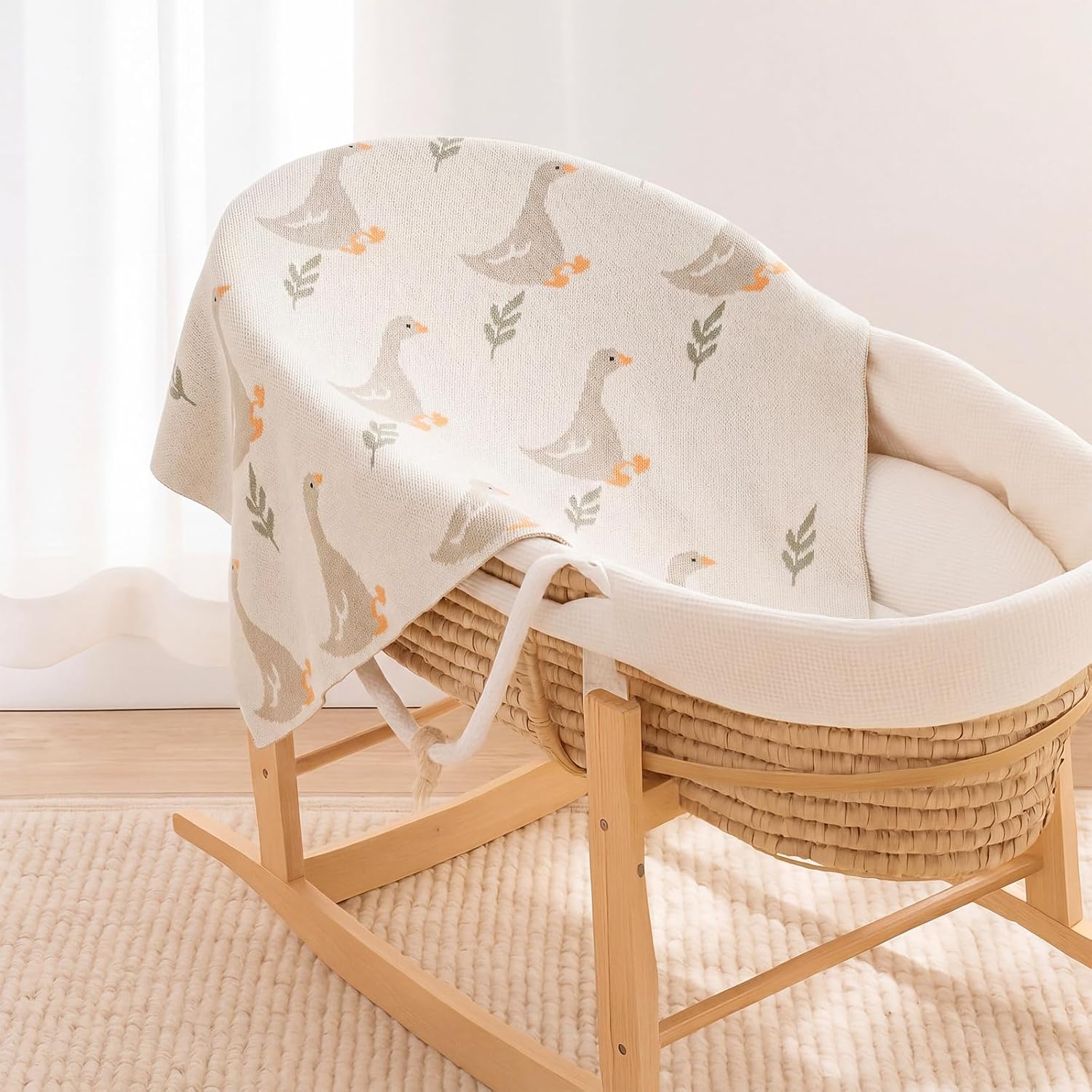 SmoothNovelty Silly Goose Baby Blanket Cute 100% Knitted Cotton Swaddle Cover Receiving Nursery Baby Shower Goose Gift for Newborn Swaddle Infant Crib (White,52 x 36 Inch)