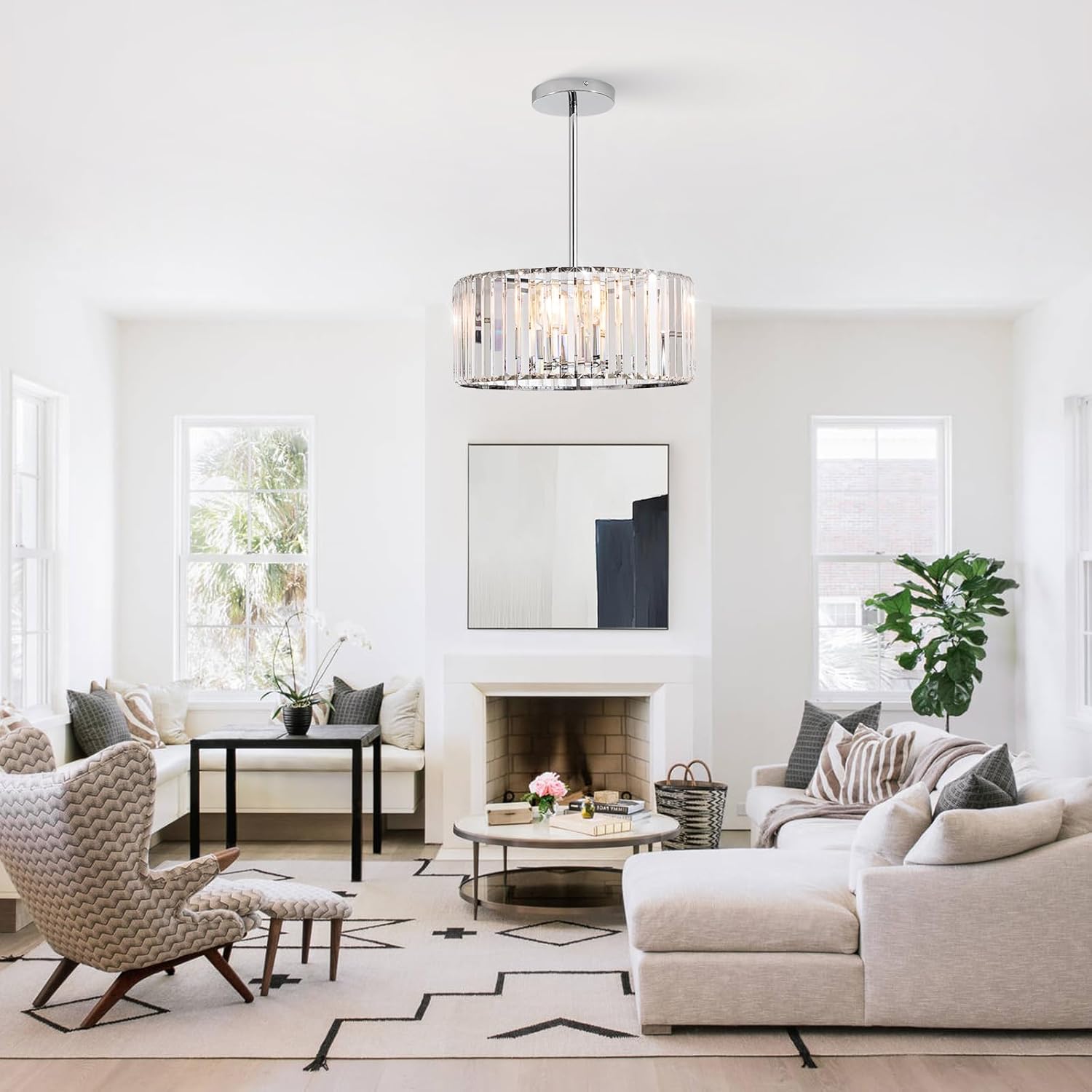 16.5" Modern Chrome Crystal Drum Chandelier 4-Light Flush Mount Round Ceiling Pendant Light Fixture for Kitchen Island Dining Room Foyer Hallway 4-Light, 16.5in