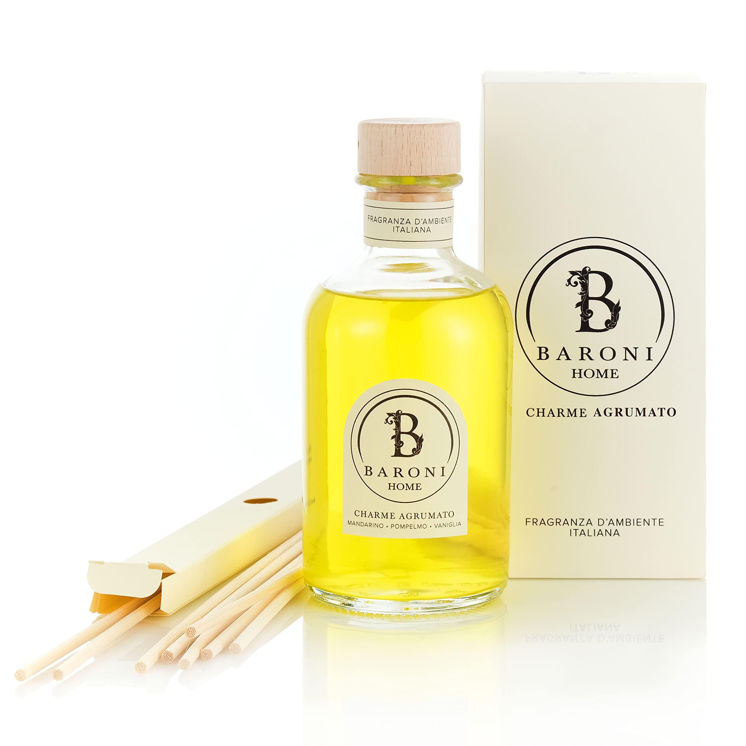 BARONI HOME Difusor de aceites esenciales para ambientes, difusor de aromas de varillas, 100% natural, fabricado en Italia (500 ml, aroma cítrico)