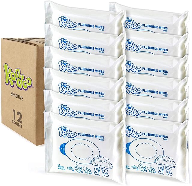 Kandoo Flushable Wipes for Baby and Kids by Kandoo, Unscented for Sensitive Skin, Hypoallergenic Potty Training Wet Cleansing Cloths, 50 Count, Pack of 12