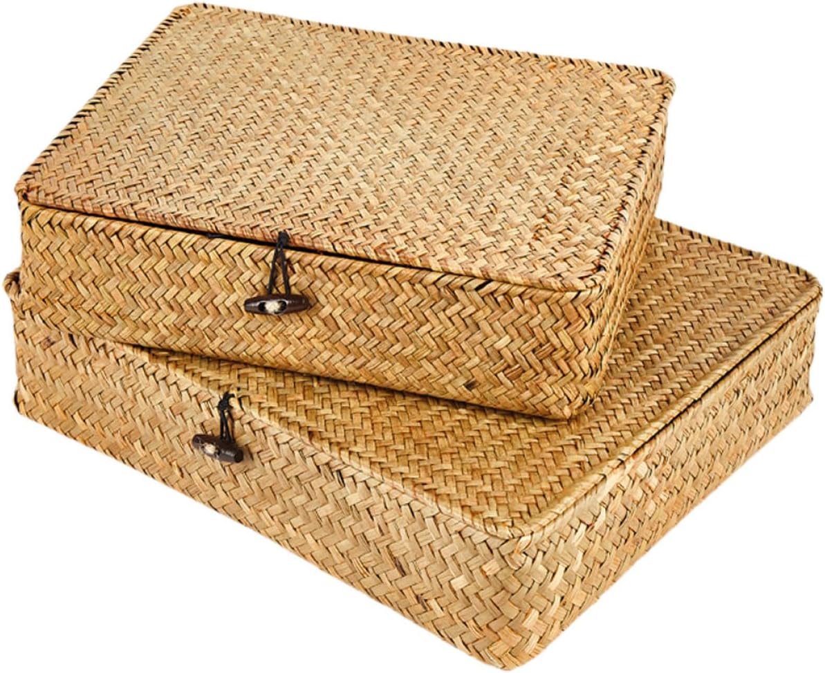 Zerodeko 2pcs Small Rectangle Woven Storage Baskets with Lids Natural Sea Grass Flat Organizer Bins for Pantry and Shelf Storage