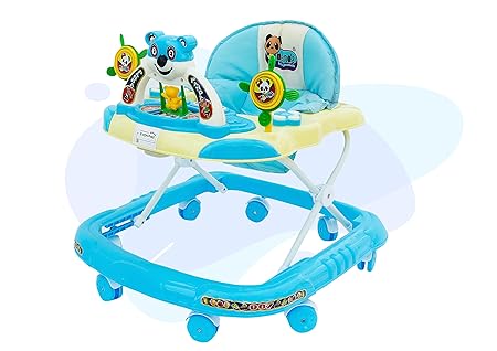 EVOHOME Smart Musical Round Toddler Baby Walker with Comfy 3-in-1 Height Adjustable Activity with Light and Musical Toy Bar and Ultra Soft Seat for Kids with Parent 07 Handle (Blue)