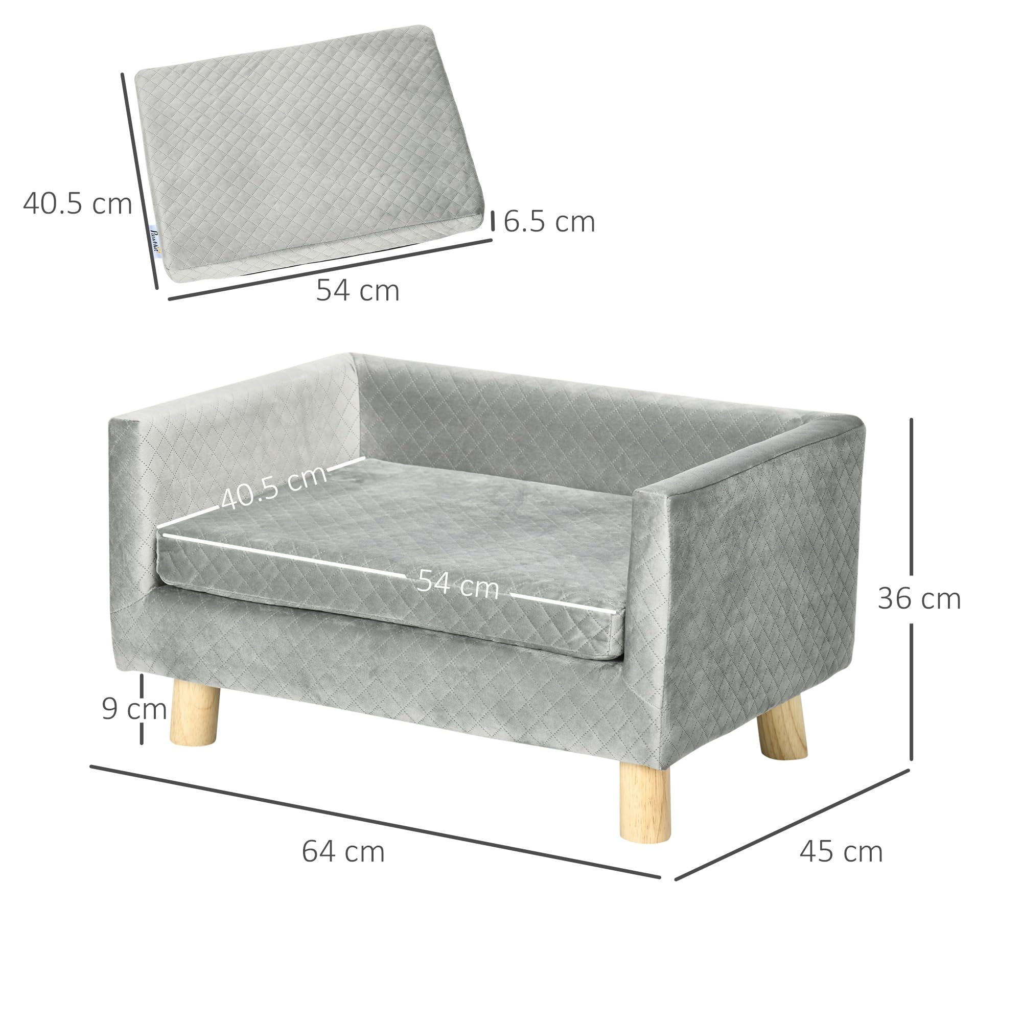 PawHut Divano per Cani e Gatti con Design Scandinavo e Cuscino Imbottito, Cuccia per Animali da Interno in Velluto e Legno, 64x45x36cm, Grigio