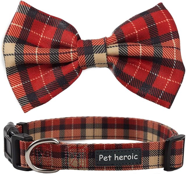 Pet Heroic Pet Dog Cat Collar with Grid Bow tie, Adjustable Plaid Pet Dogs Cats Comfortable Durable Bowtie Collars for Small Medium Large Dogs Cats Red L