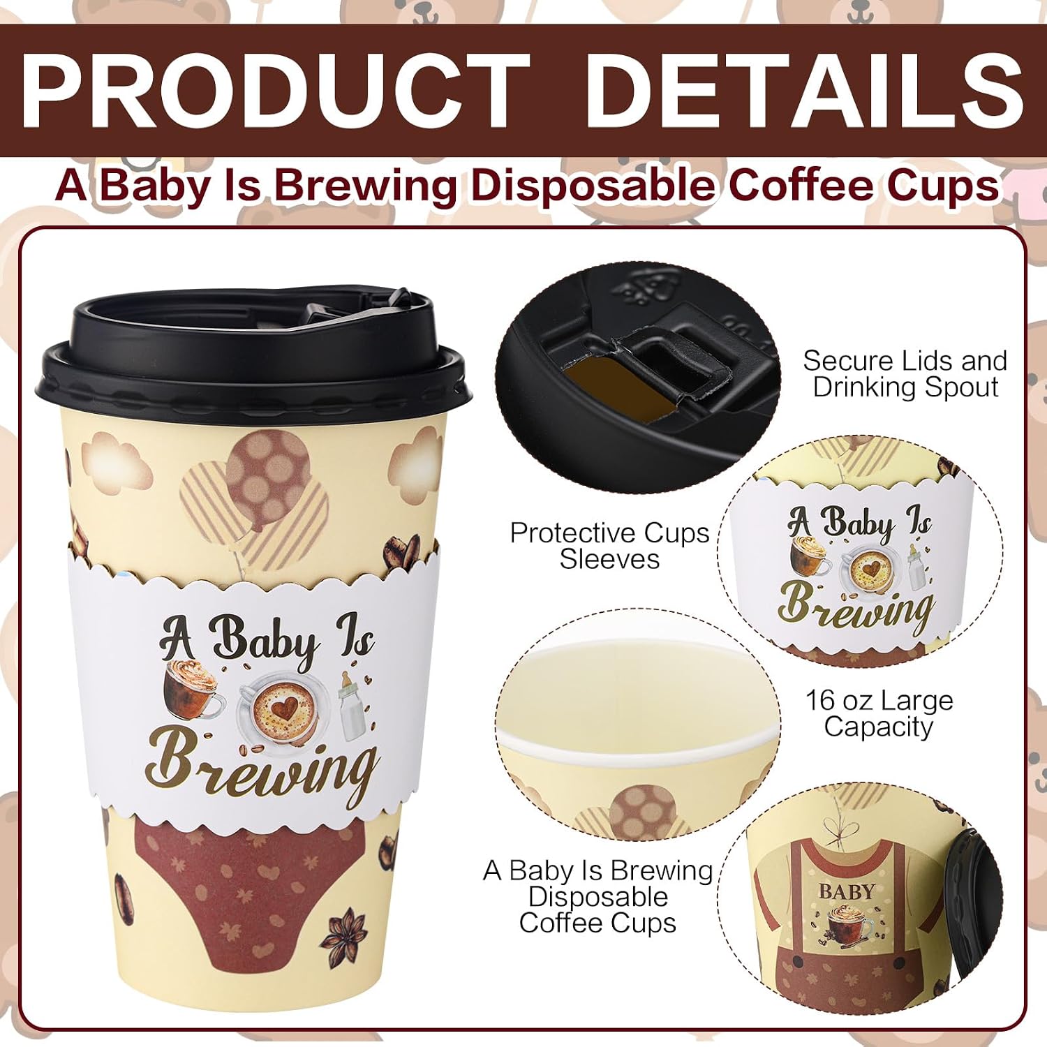 Jingmore 50 Set a Baby Is Brewing Coffee Cups with Lid Straw and Sleeves Disposable Baby Shower Favors Coffee Tea Cup 16 oz Party Supplies for Guests Gender Reveal Decoration