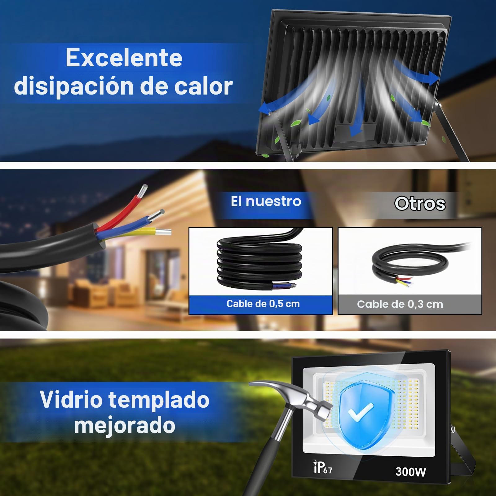 300W Focos Led Exterior,30000LM Foco Proyector,7000K Blanco Frío Foco,IP67 Impermeable Super Brillante Proyector Exterior para Garaje,Terraza,Jardín,Patio