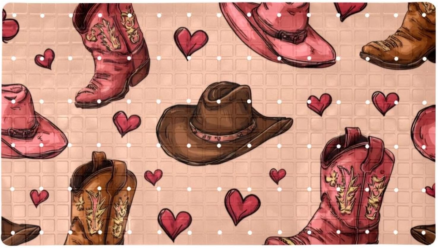 Retro Colorful Cowboy Hat Western Collection Bath Tub and Shower Mats, Non Slip Bathmat with Drain Holes and Suction Cups for Bathroom Floor, 15.1 x 26.8 Inch