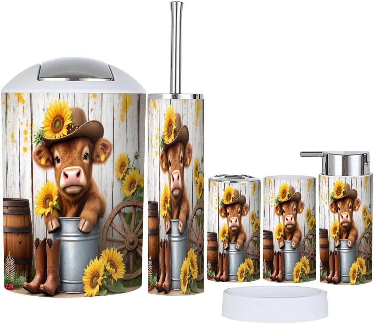 Bathroom Accessories Set 6 Pcs Highland Cow Shower Curtain Bathroom Farmhouse Rustic Cow Sunflower Toothbrush Holder Cup Soap Dispenser Soap Dish Toilet Brush Holder Trash Can for Countertop Decor
