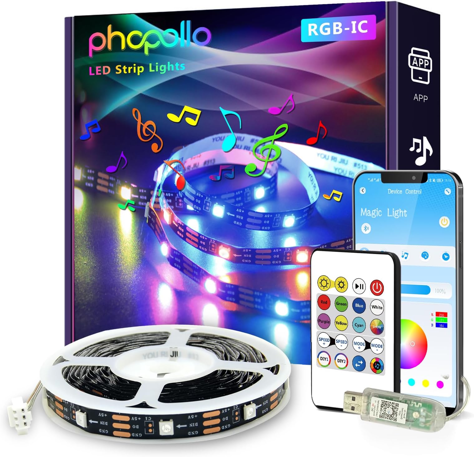 PHOPOLLORGB Smart IC LED Strip Lights, 16.4ft Addressable LED Lights for Bedroom, Bluetooth App Control, Multiple Colors in One Line, Color Changing LED Strip,