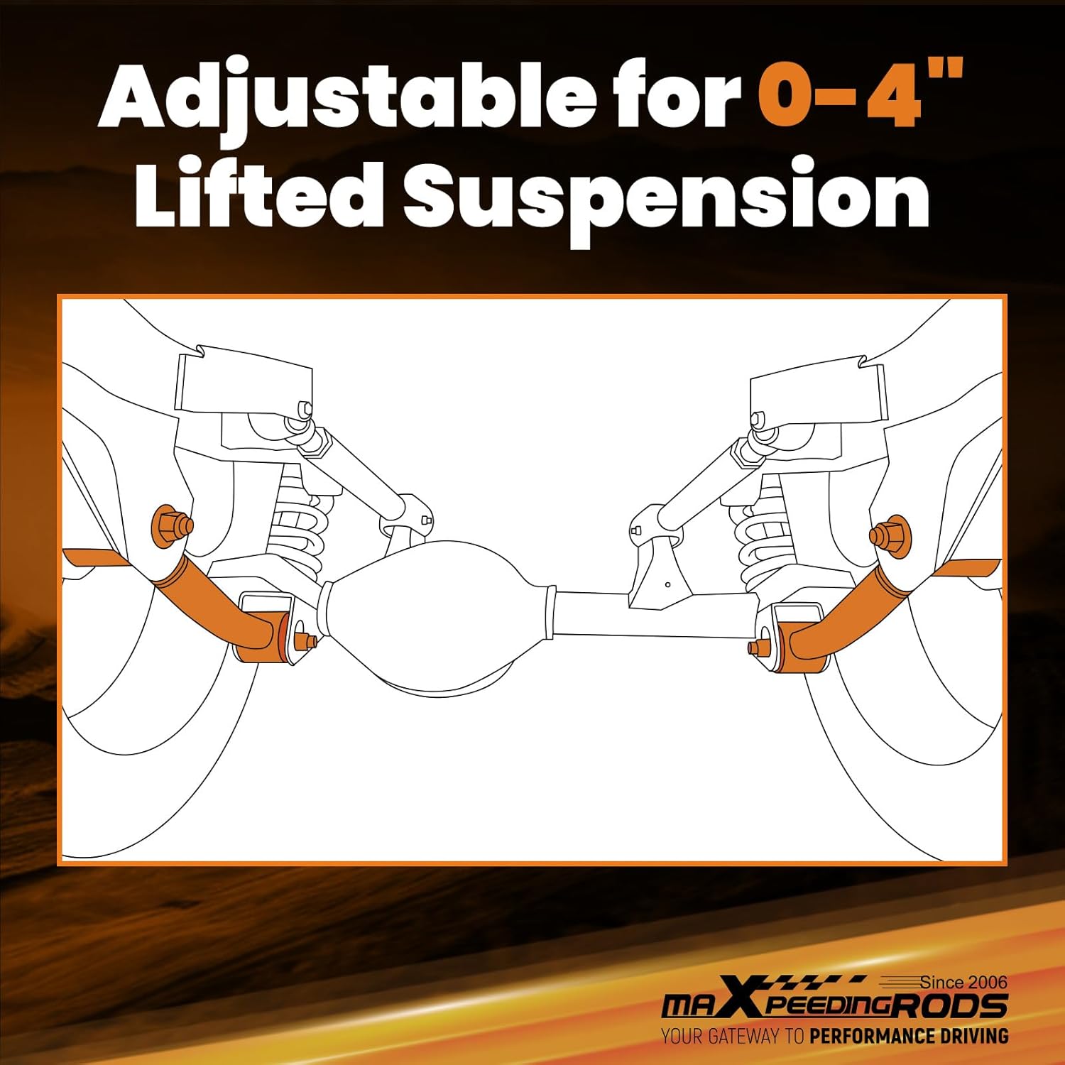 Diagram illustrating adjustable control arms on a vehicle's front axle, suitable for 0-4 inch lifted suspension.