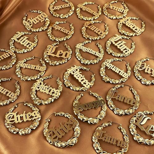 Miniatura 6 de Zodiac - Aretes de aro XOXO de bambú con letra inglesa antigua para mujeres y niñas, aretes de astrología, joyería de moda, chapados en oro de 14