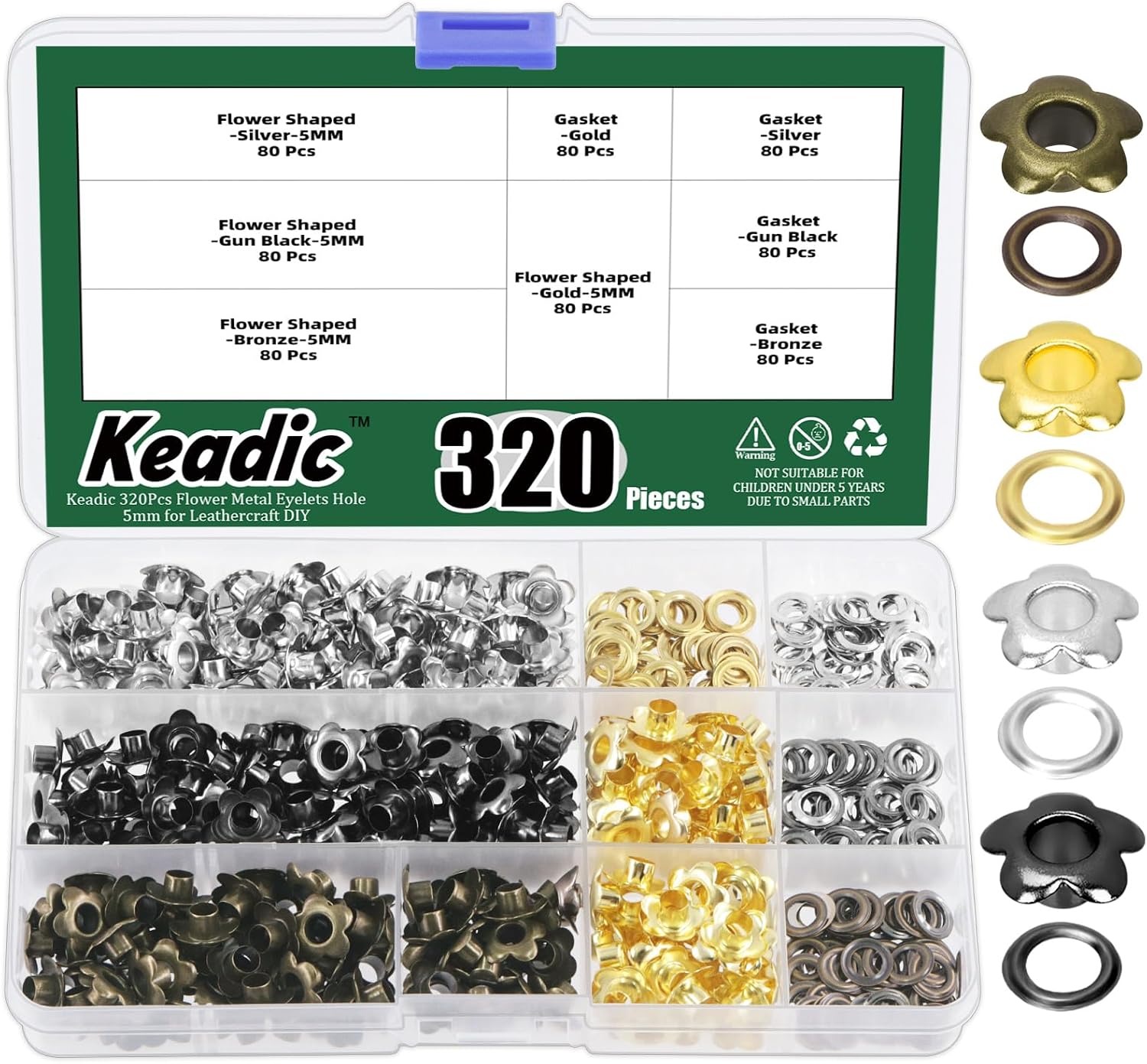 Keadic 320 Sets 3/16 Inch (5mm) Multi-Color Metal Grommets Assortment kit, Silver/Gold/Bronze/Gun-black Flowers Sewing Eyelets for Leather Fabric Clothing Belt Shoe Crafts Bag DIY